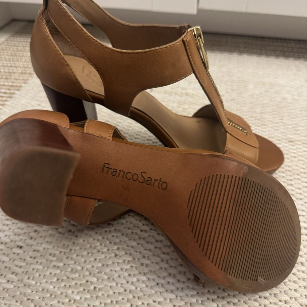 Franco Sarto Myriad Block Heel Sandal Women's 6 Tan Leather Gold Zipper Open Toe - Picture 4 of 7